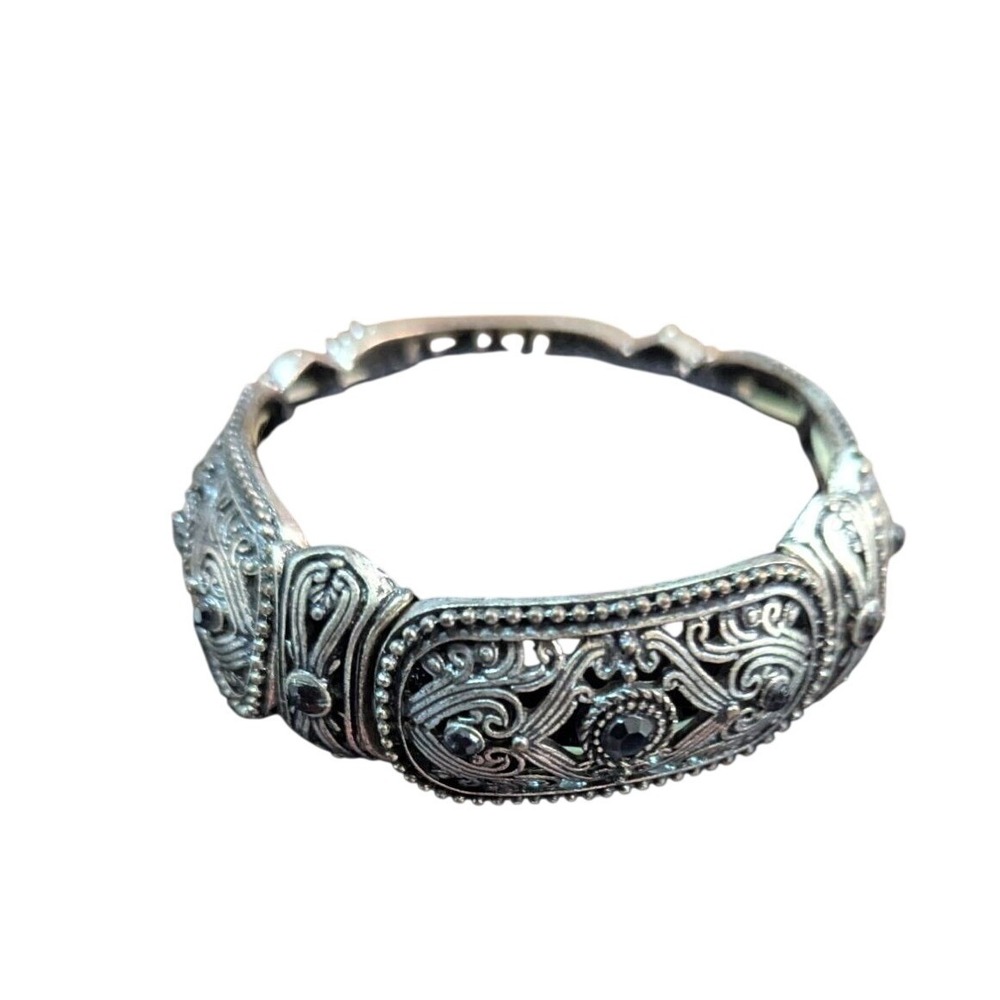 Vintage Ornate Silver-Tone‎ Bracelet Intricate Black Stone - Boho Chic Jewelry